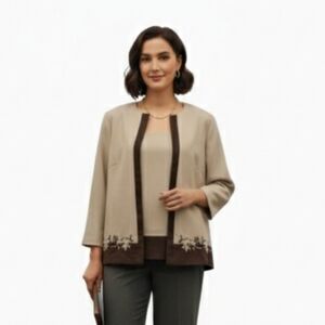 Kari's Korner 2-Piece Set Embroidered Jacket & Shell Top Brown Trim Size 18WP